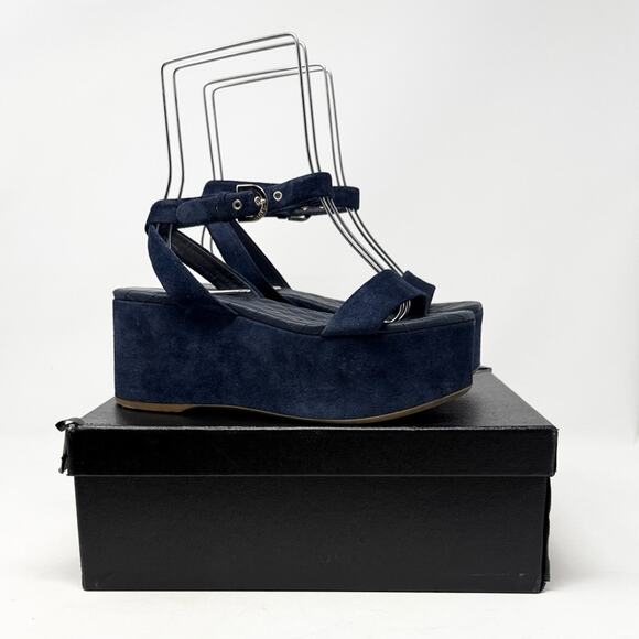 Chanel Suede Calfskin Platform Wedge Sandals Blue Size 39 - Picture 1 of 15